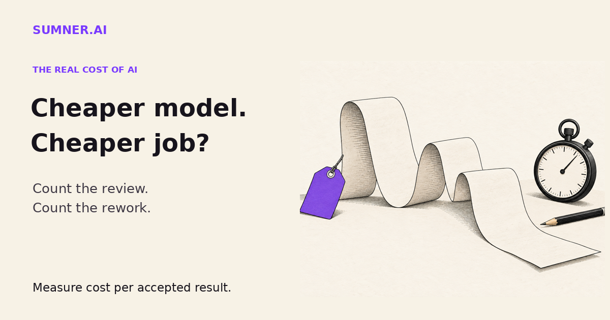 Editorial illustration of a small purple price tag beside a long receipt and stopwatch: the model bill is only part of the cost of finished AI work.