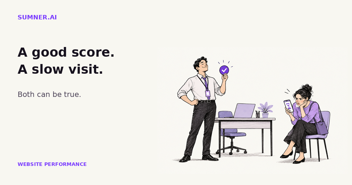 A technician proudly holds a purple check mark while a customer waits with a loading hourglass on her phone. A good test score and a slow visit can coexist.