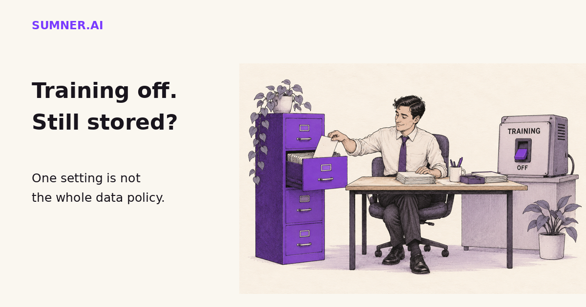An office worker files a document beside a training machine switched off, illustrating that stopping AI training does not mean a file is no longer stored.