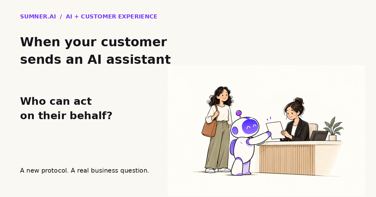 A personal AI assistant presents a letter at a business reception desk while the customer stands behind it, illustrating customer-authorized representation.