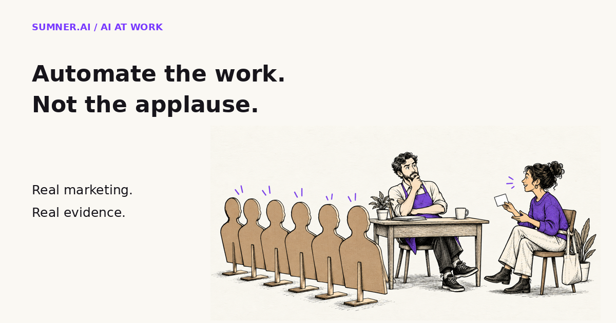 A business owner studies a row of cardboard audience figures while a real customer holds a question card, illustrating the difference between fabricated applause and genuine interest.