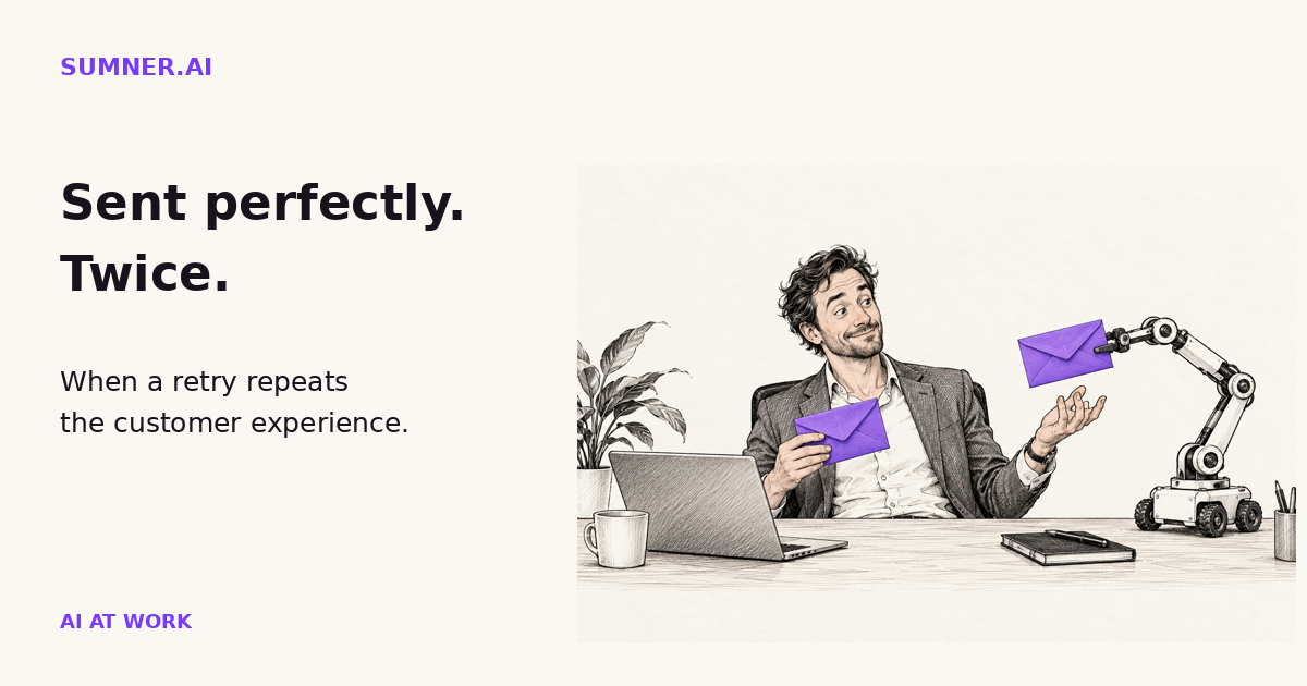 A business owner receives two matching purple envelopes from a mechanical delivery arm. Text: Sent perfectly. Twice.