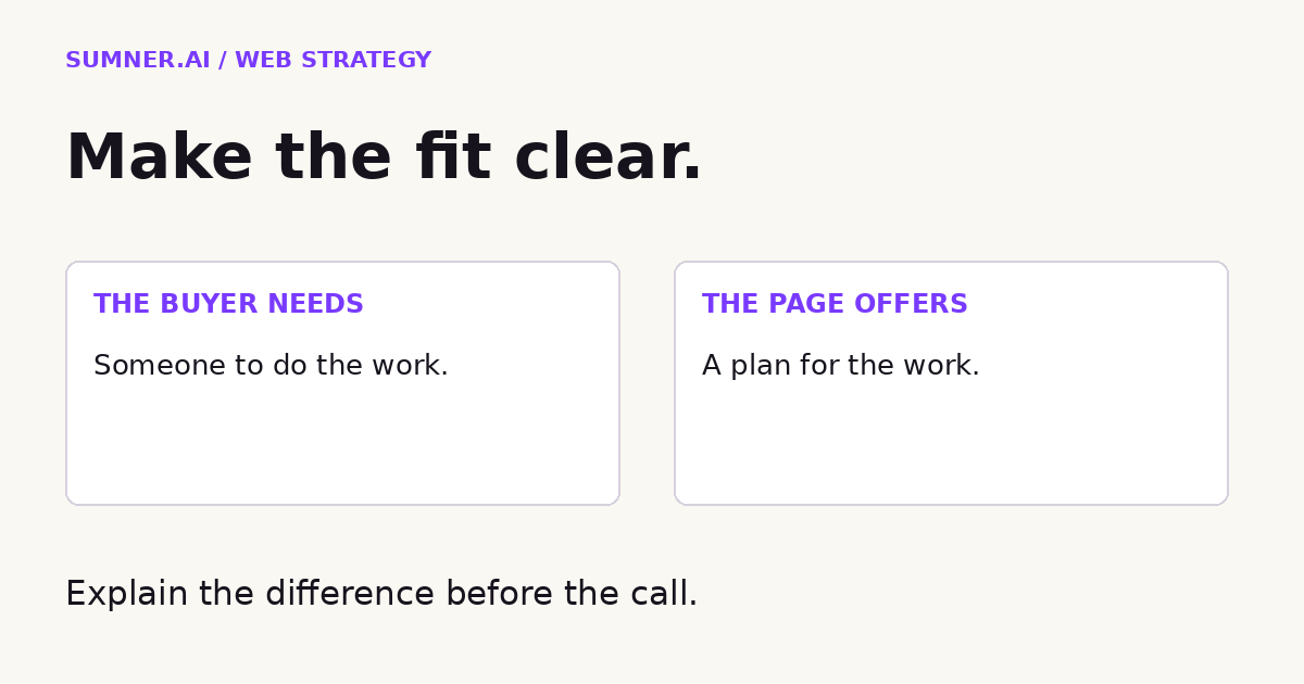 Editorial comparison: the buyer needs someone to do the work, while the page offers a plan for the work. Make the service fit clear before the call.