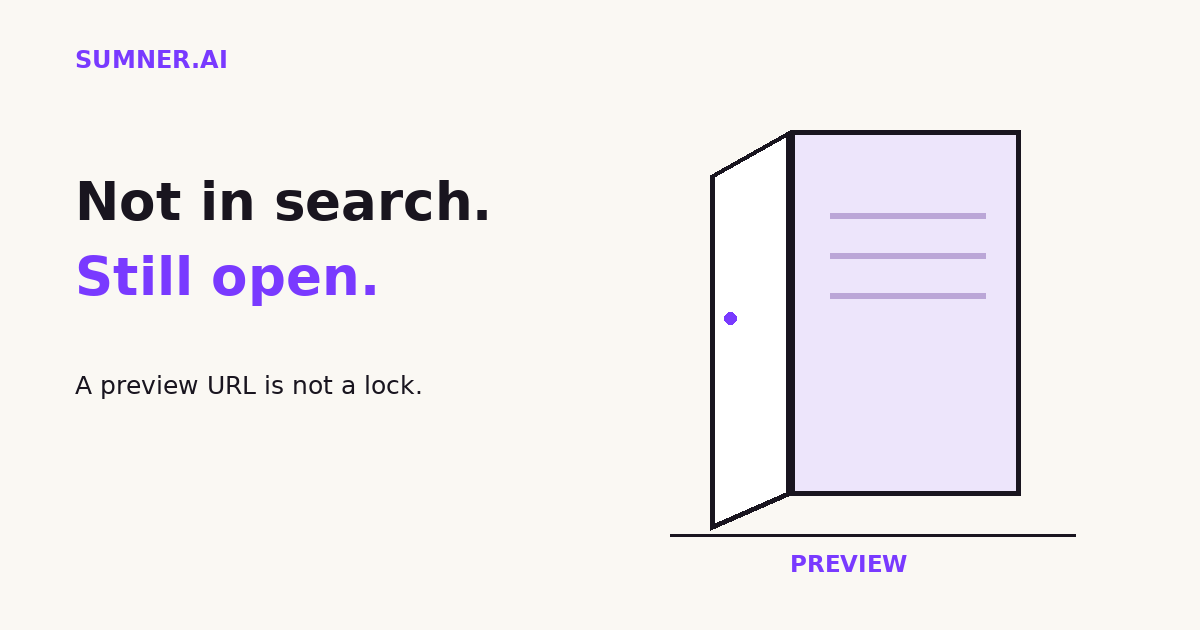 An open door labeled Preview illustrates that a website can be absent from search but still accessible. Not in search. Still open.