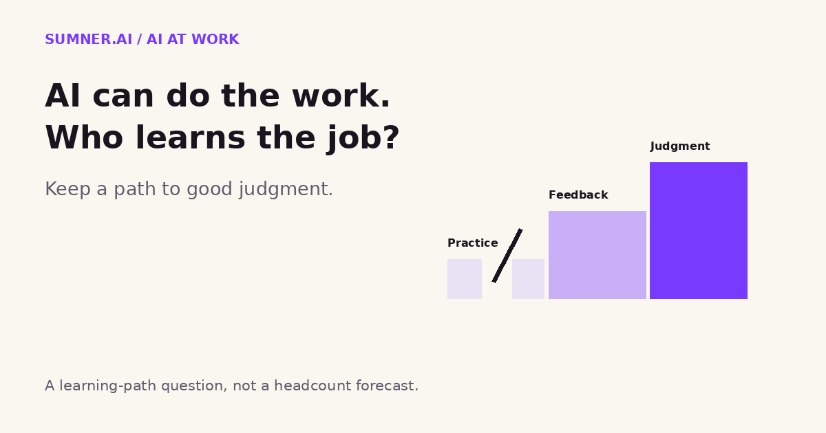 An editorial staircase labeled Practice, Feedback and Judgment, with an open gap in the first step: a metaphor for preserving learning when AI handles junior tasks.
