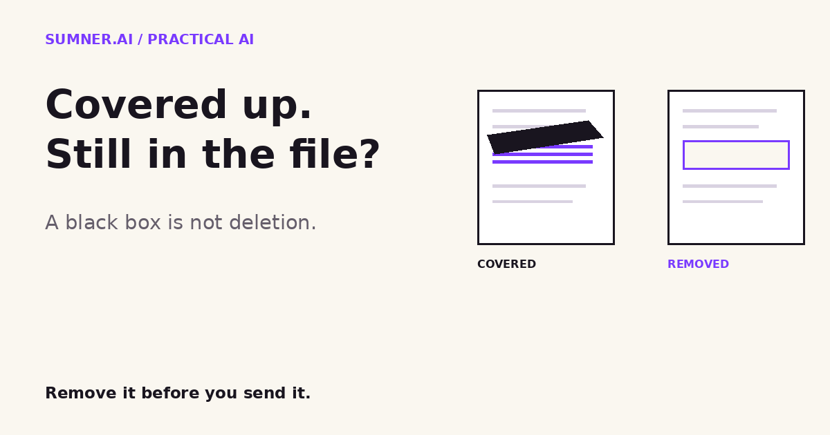 Two illustrated documents compare covering information with a removable black strip versus removing it from the document. A reminder to apply PDF redaction before AI upload.