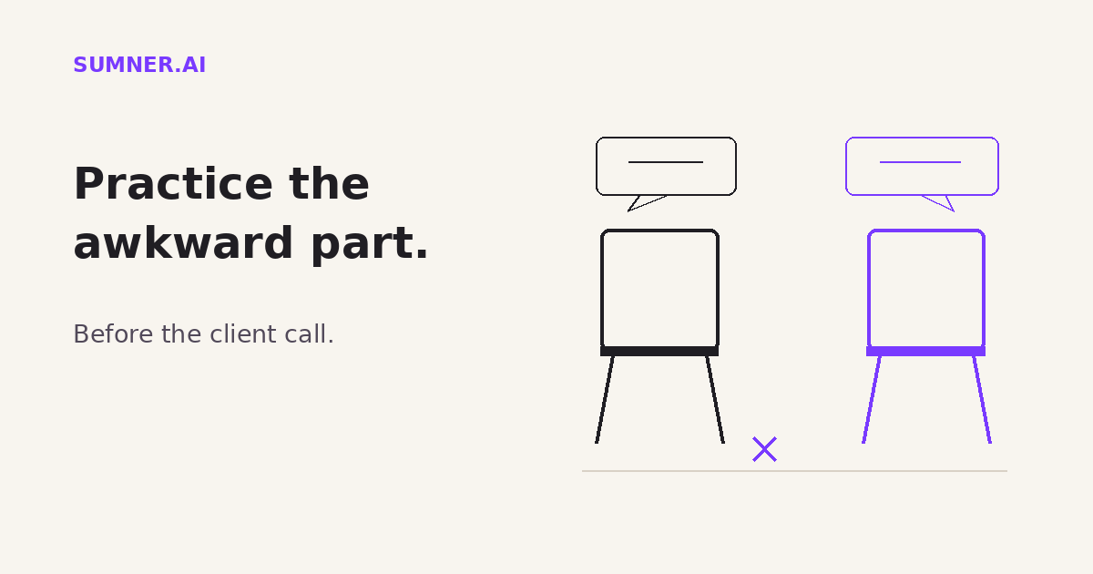 Two conversation chairs face each other on a rehearsal floor. One is solid black, one is purple outline. Practice the awkward part before the client call.