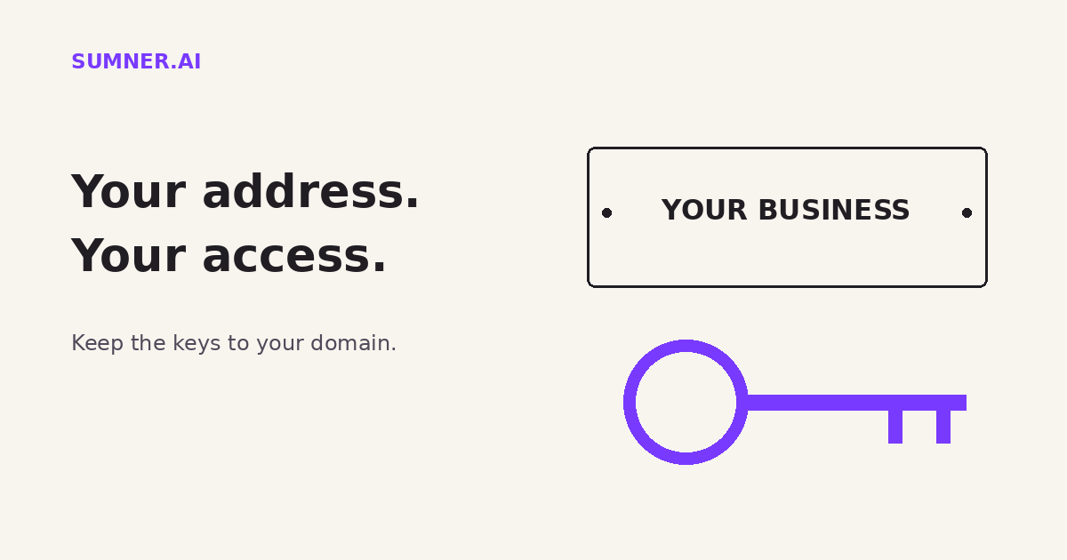 A purple key beside a business address plaque. Your address. Your access. An editorial illustration about retaining access to a business domain account.