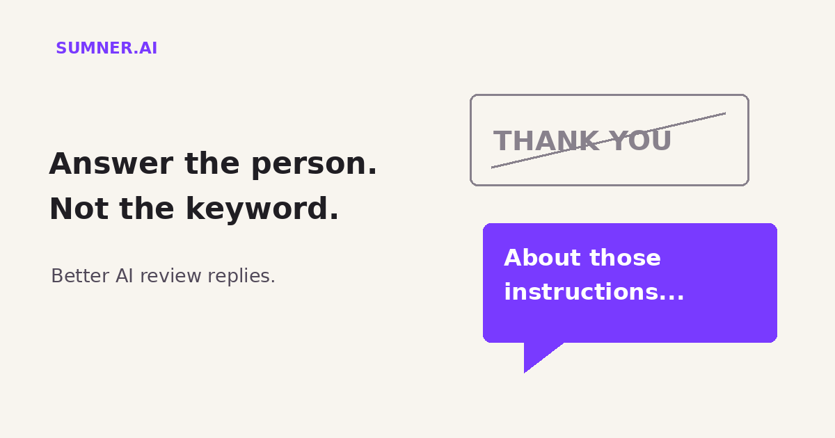 Two editorial speech bubbles contrast a generic THANK YOU stamp with a reply addressing the actual issue. Answer the person, not the keyword.