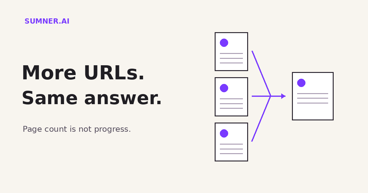Three identical page illustrations point toward one preferred page. More URLs, same answer.
