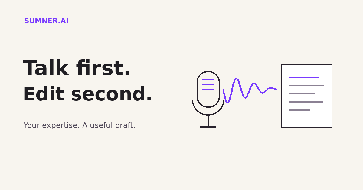 A microphone releases a tangled purple line that becomes ordered lines on a draft page. Talk first. Edit second.
