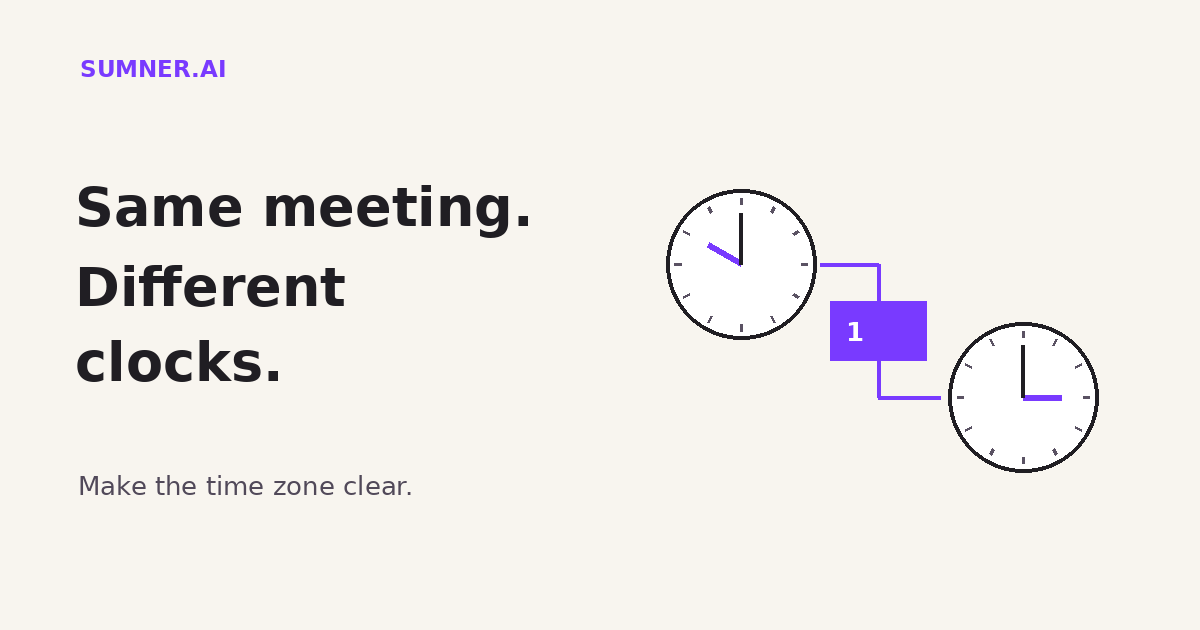 Two clocks showing different local times connected to one appointment card. Same meeting. Different clocks.
