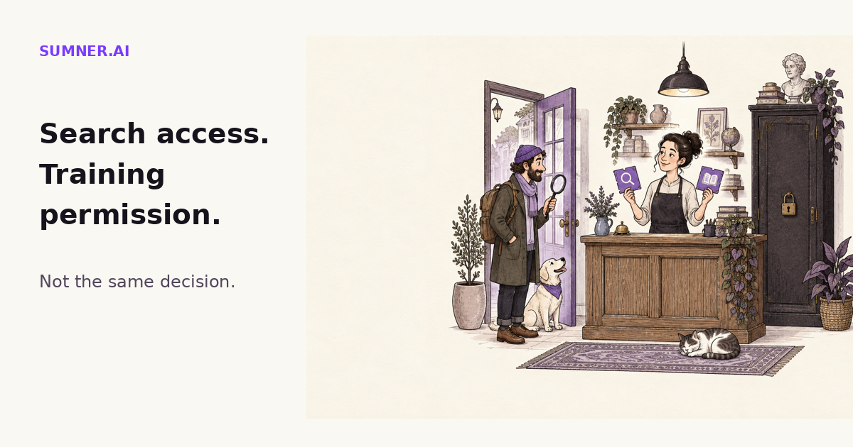 Editorial illustration of a shop owner holding separate search and learning permission tickets, illustrating the distinction between AI search access and model training.