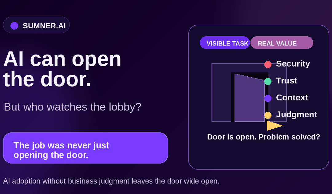 Sumner.ai blog hero explaining the doorman fallacy: AI can open the door, but human judgment watches the lobby.