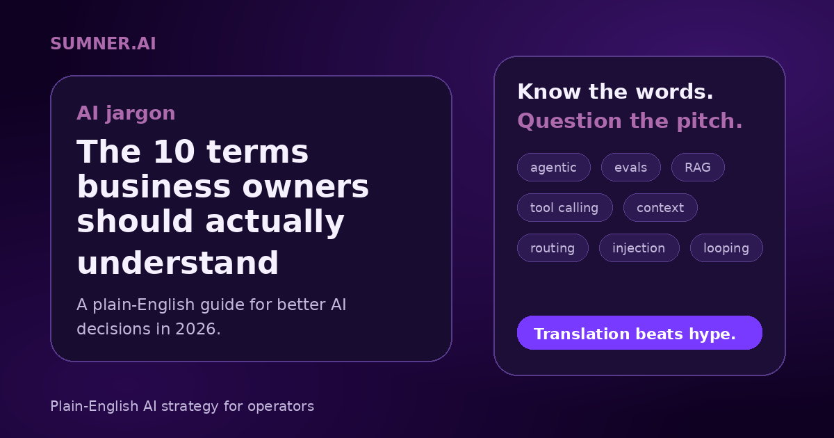 Sumner.ai graphic titled AI jargon, the 10 terms business owners should actually understand.
