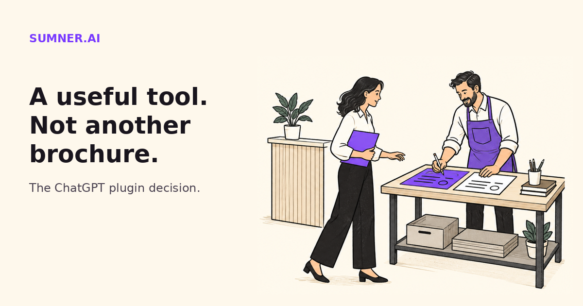 A client brings a purple folder to a professional working at a bench, beside a reception counter. A useful tool helps the customer do something, not just find the business.