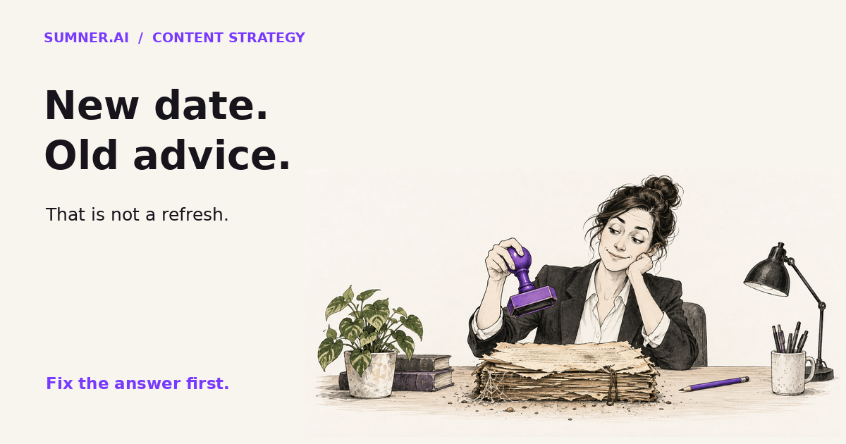 Editorial illustration of an editor holding a purple date stamp over an old document, showing why a new date is not a substitute for updated advice.