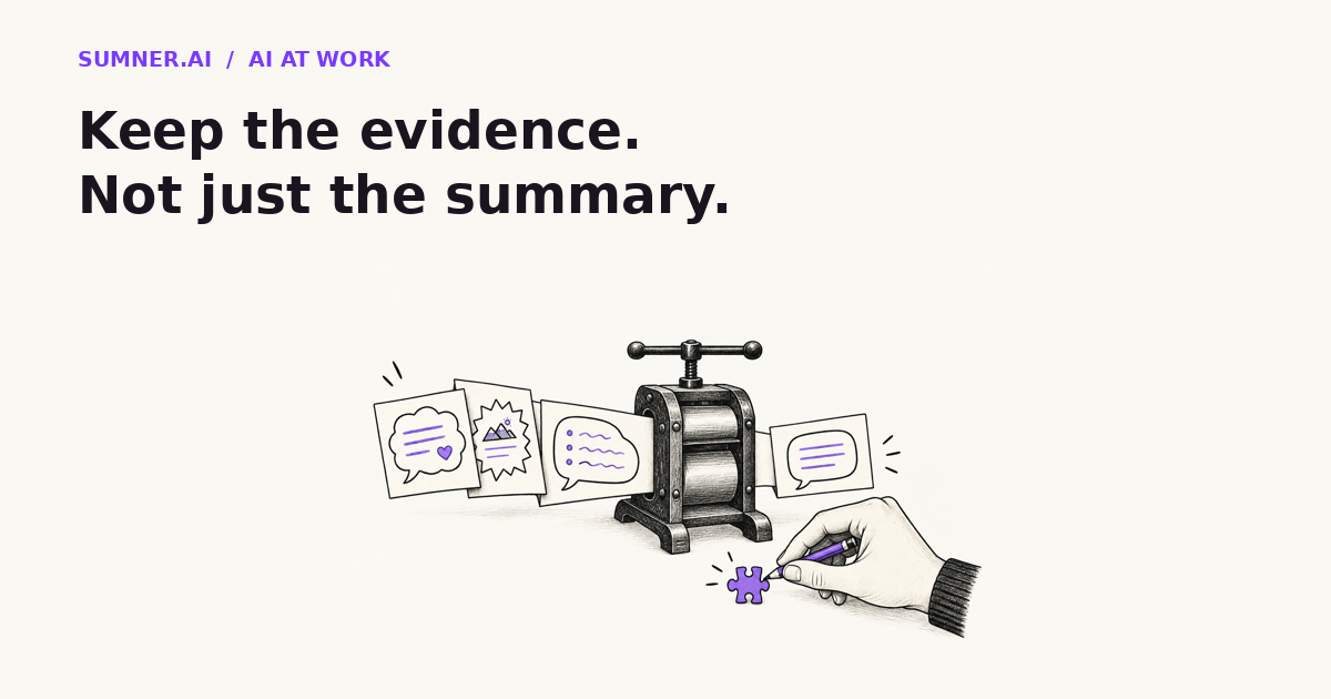 Editorial illustration of customer interview cards passing through a paper press, with a hand recovering an important purple fragment left out of the summary.