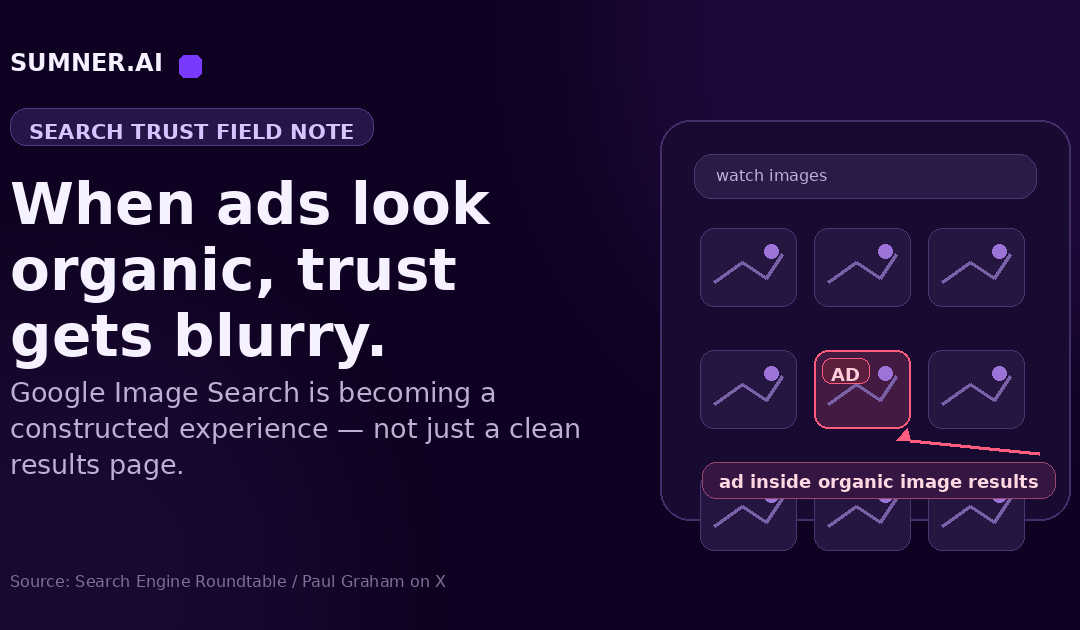 Sumner.ai blog hero with the headline When ads look organic, trust gets blurry, showing sponsored results mixed into a Google Image Search-style visual grid.