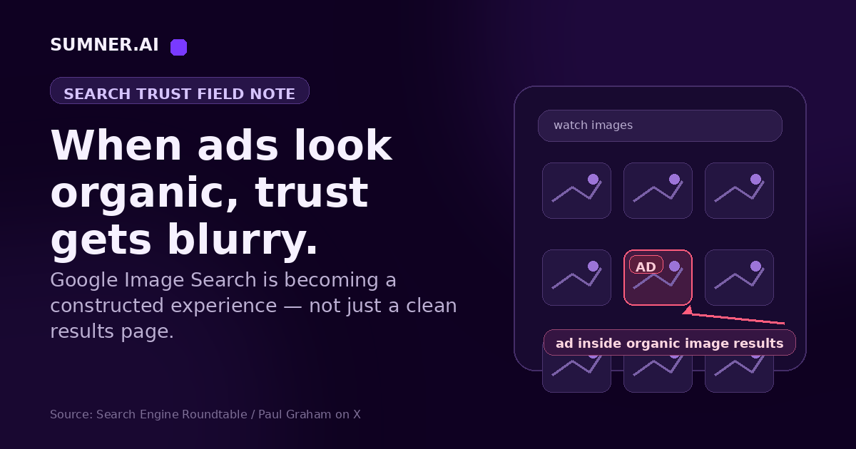 Sumner.ai blog hero with the headline When ads look organic, trust gets blurry, showing sponsored results mixed into a Google Image Search-style visual grid.