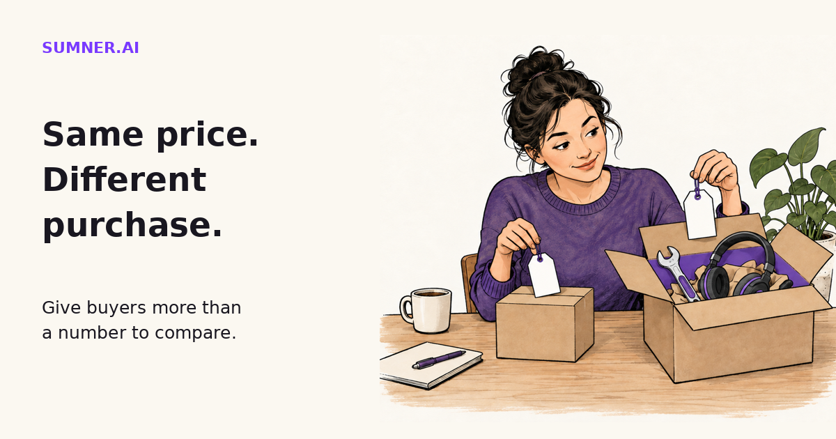 A buyer compares two price tags attached to different boxes, one with extra tools and support. Same price, different purchase.