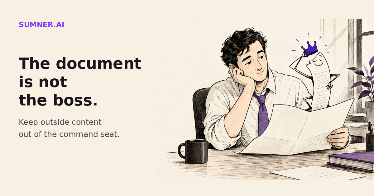 An office worker reads a letter while a little paper figure emerging from it crowns itself, illustrating a document trying to become the boss.