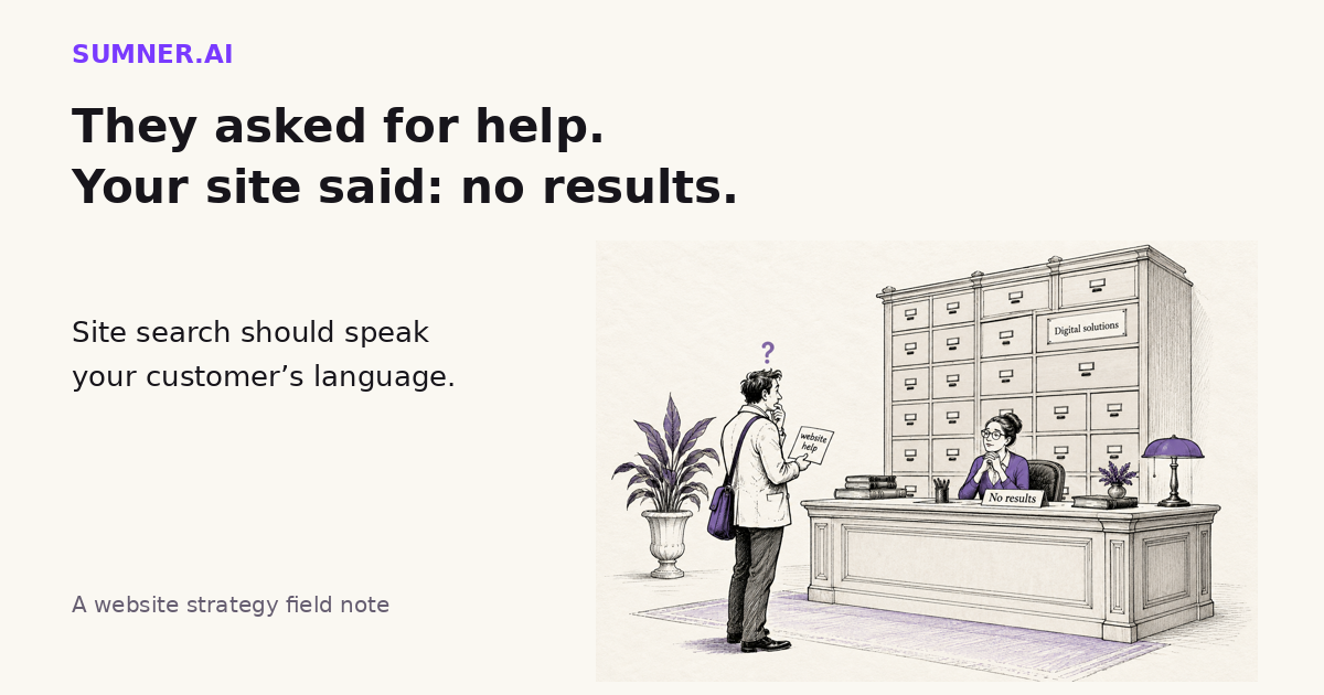 Editorial illustration: a visitor asks for website help while an information desk says No results beside a cabinet labeled Digital solutions.