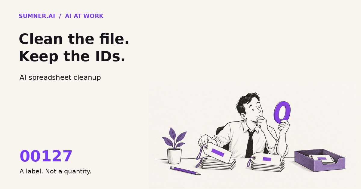 Editorial illustration of an office worker sorting record tags while preserving a large purple zero, representing customer IDs that must survive spreadsheet cleanup.