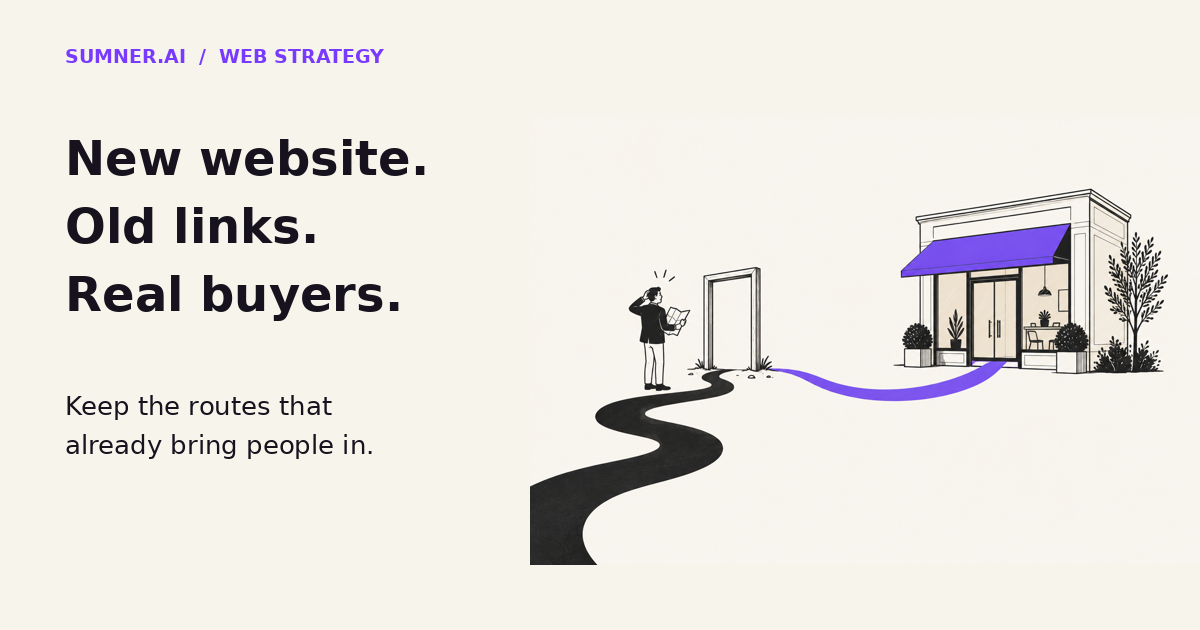 Editorial illustration of a buyer following an old route to a new storefront, showing why website redesigns need working redirects.